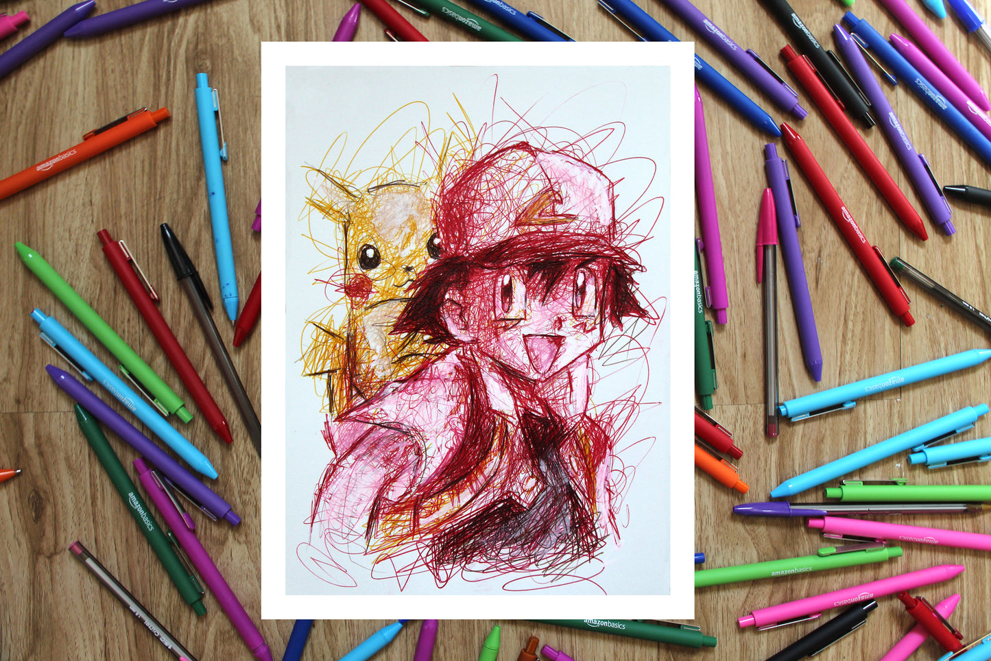 Ash Ketchum and Pikachu Ballpoint Pen Scribble Art Print