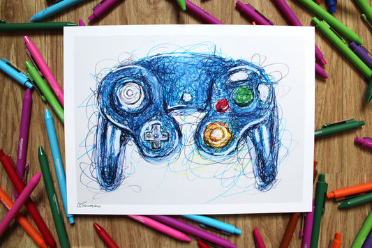 Gamecube Controller Ballpoint Pen Scribble Art Print-Cody James by Cody