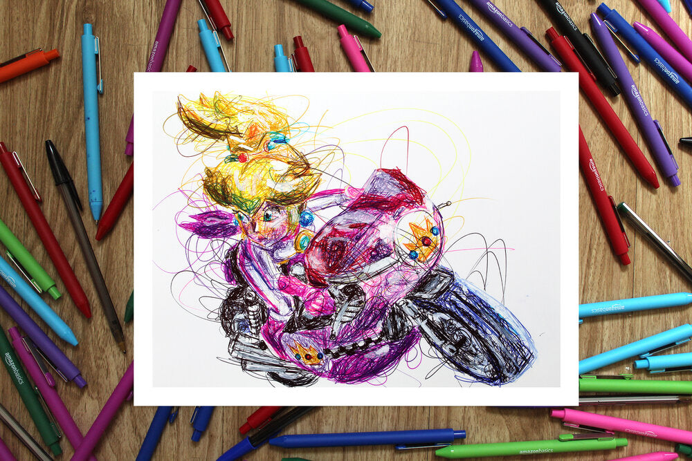 Princess Peach Kart Ballpoint Pen Scribble Art Print – Cody James by Cody