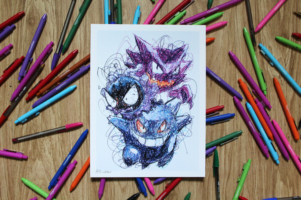 Pokemon Ghosts Ballpoint Pen Scribble Art Print-Cody James by Cody