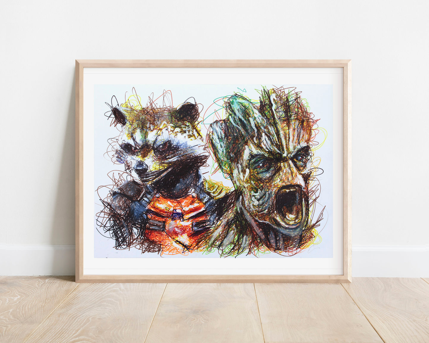 Rocket and Groot Ballpoint Pen Scribble Art Print