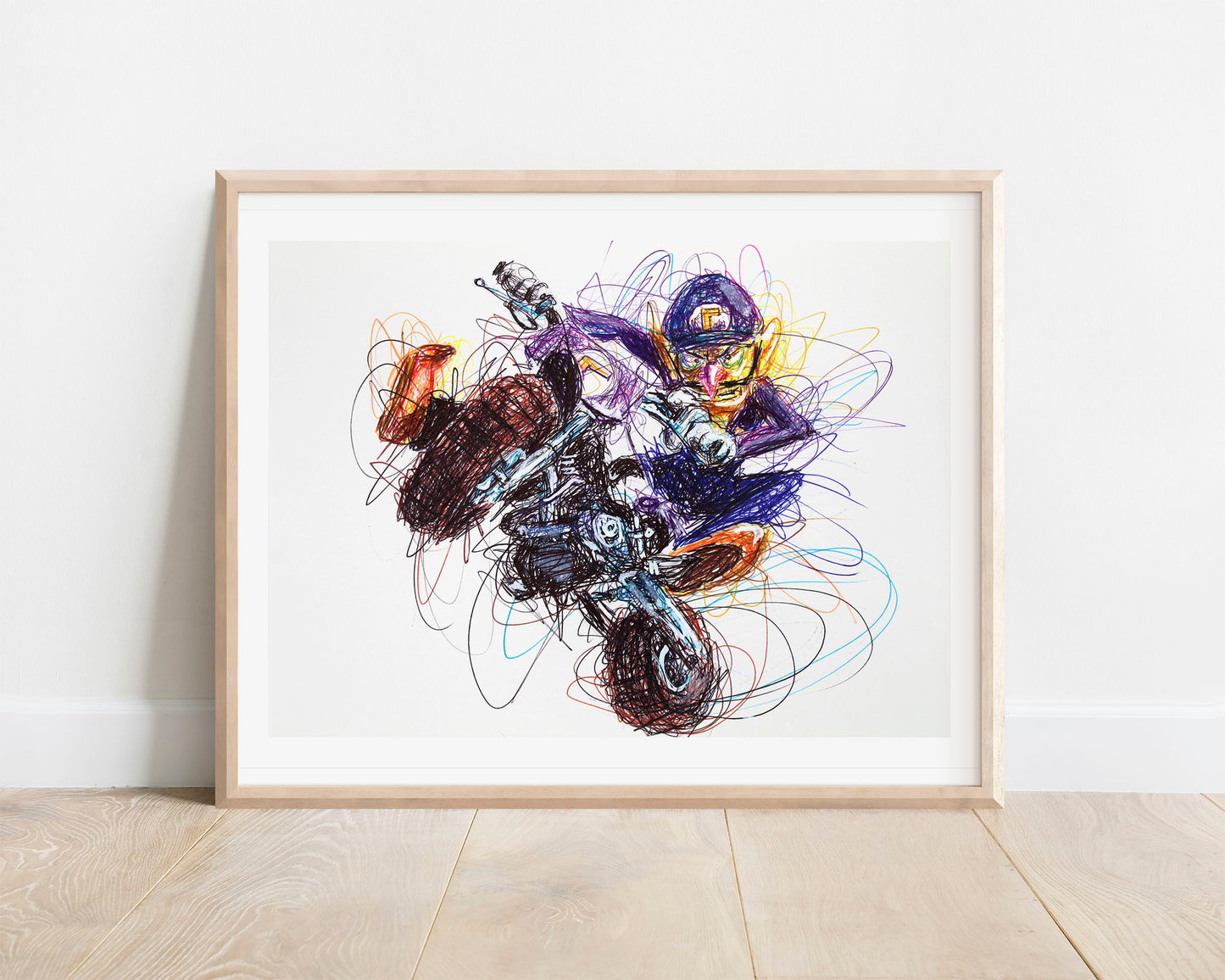Waluigi Kart Ballpoint Pen Scribble Art Print