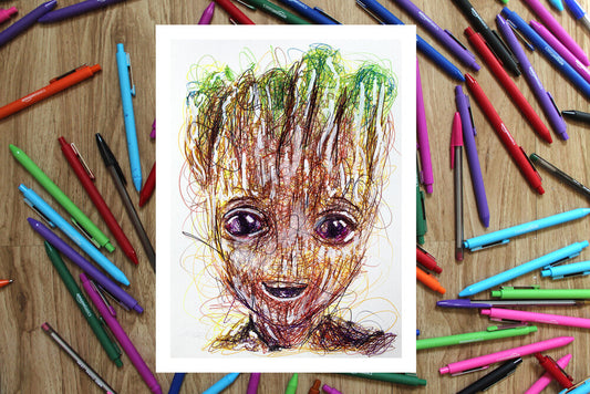Baby Groot Ballpoint Pen Scribble Art Print-Cody James by Cody