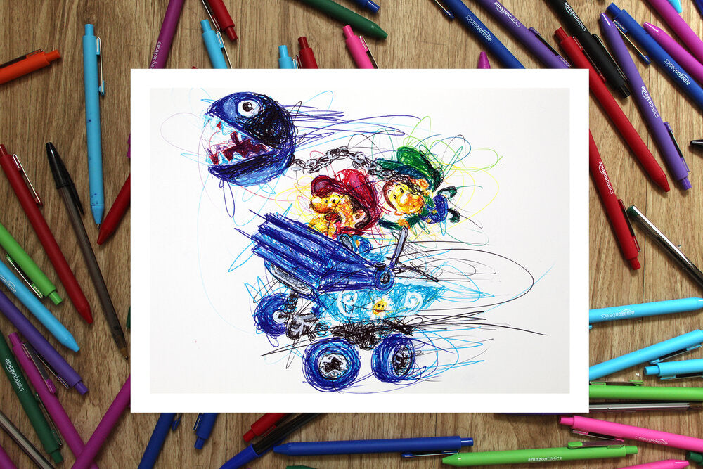Baby Mario and Luigi Kart Ballpoint Pen Scribble Art Print-Cody James by Cody
