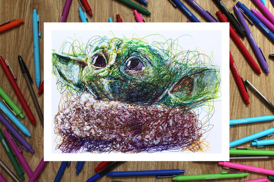 Baby Yoda Ballpoint Pen Scribble Art Print