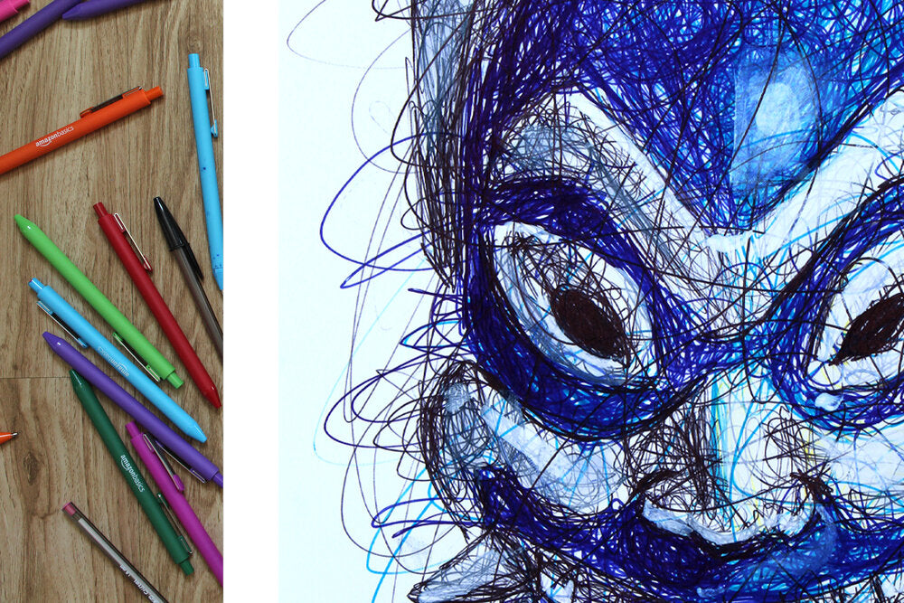 Blue Spirit Mask Ballpoint Pen Scribble Art Print-Cody James by Cody