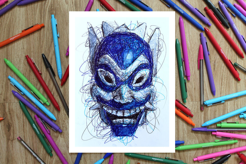 Blue Spirit Mask Ballpoint Pen Scribble Art Print-Cody James by Cody
