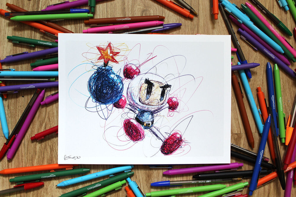 Bomberman Ballpoint Pen Scribble Art Print-Cody James by Cody