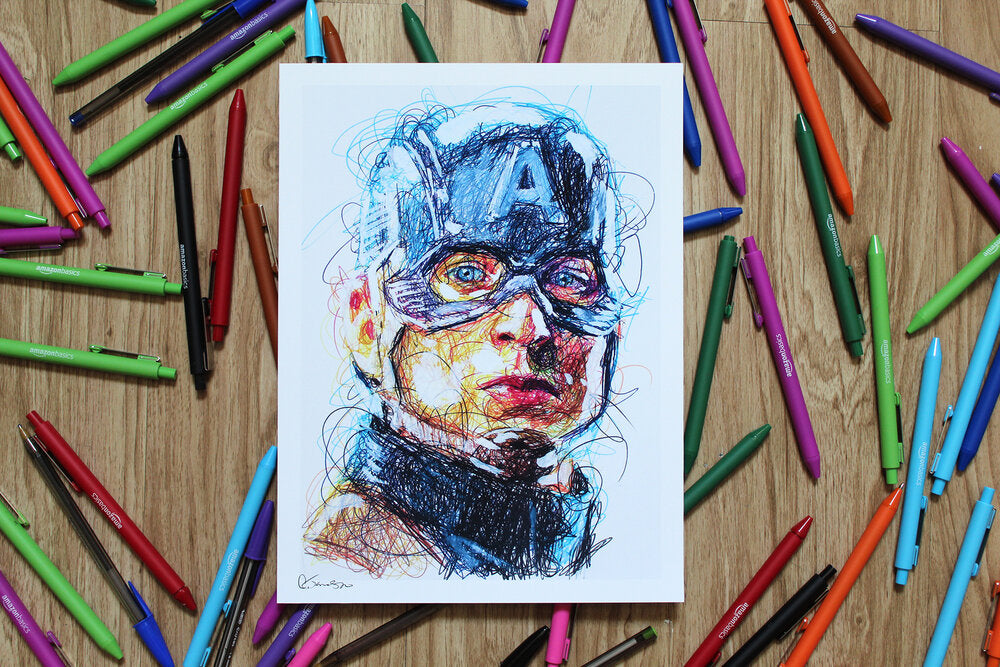 Captain America Color Ballpoint Pen Scribble Art Print-Cody James by Cody