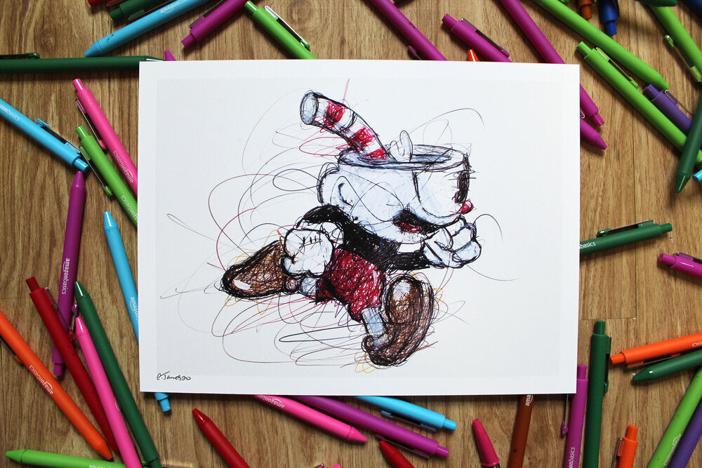 Cuphead Ballpoint Pen Scribble Art Print-Cody James by Cody