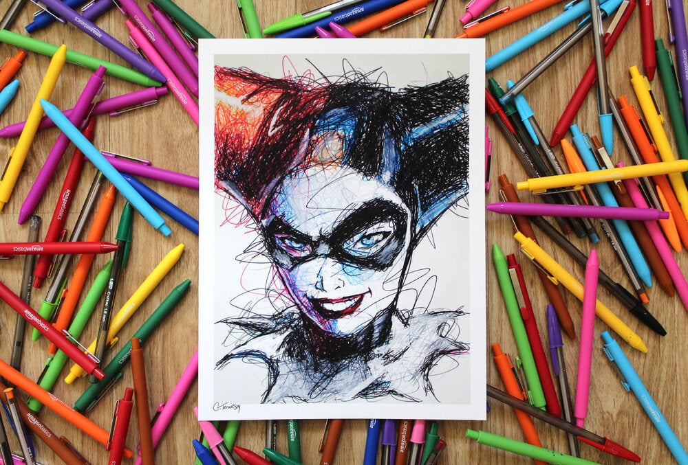Harley Quinn Ballpoint Pen Scribble Art Print-Cody James by Cody