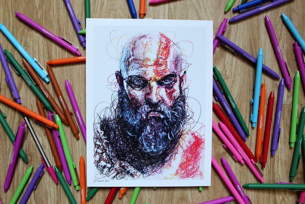 Kratos Ballpoint Pen Scribble Art Print-Cody James by Cody