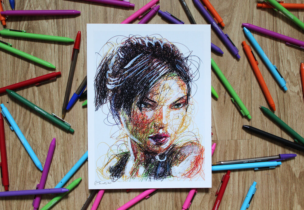 Lara Croft Ballpoint Pen Scribble Art Print-Cody James by Cody