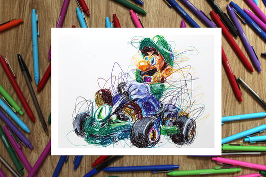 Luigi Kart Ballpoint Pen Scribble Art Print-Cody James by Cody