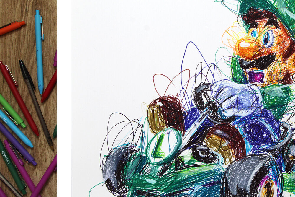Luigi Kart Ballpoint Pen Scribble Art Print-Cody James by Cody