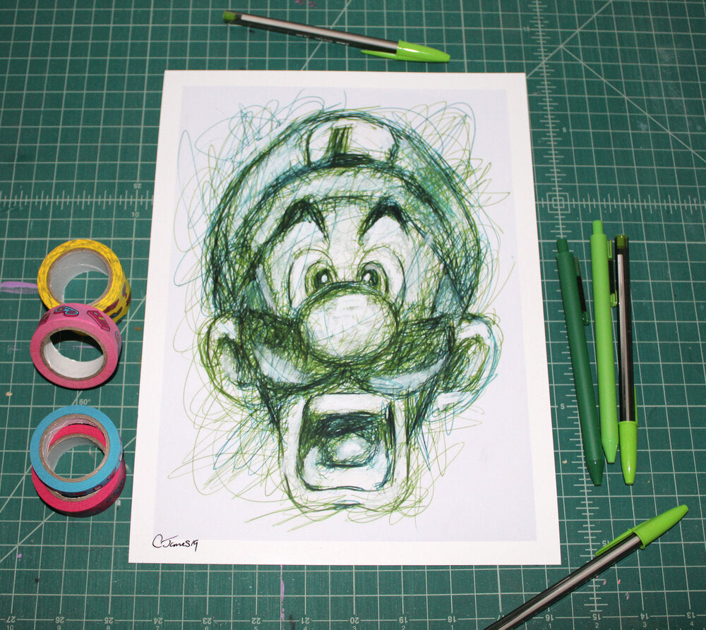Luigi Ballpoint Pen Scribble Art Print-Cody James by Cody