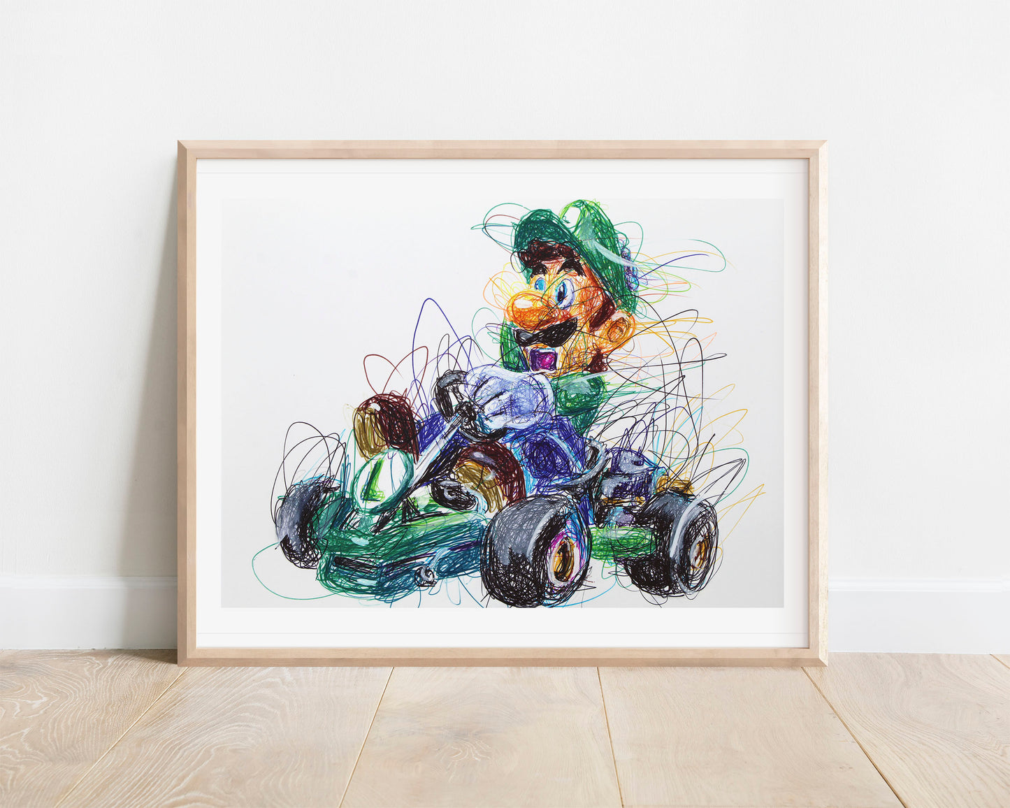 Luigi Kart Ballpoint Pen Scribble Art Print