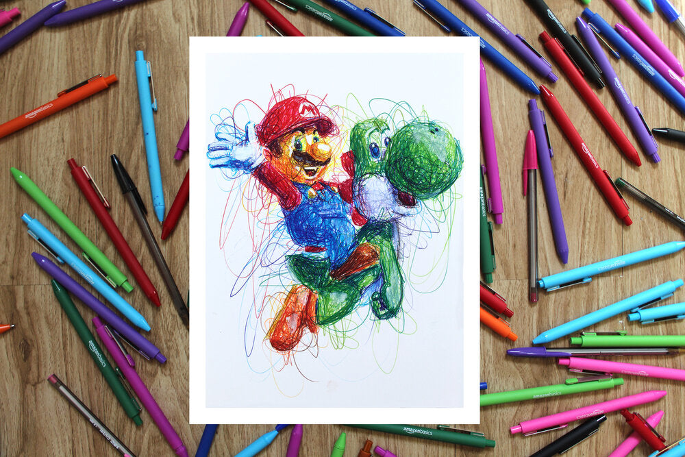 Mario Riding Yoshi Ballpoint Pen Scribble Art Print-Cody James by Cody