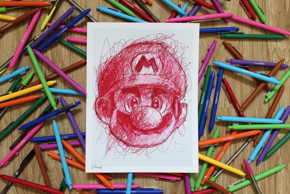 Mario Ballpoint Pen Scribble Art Print-Cody James by Cody