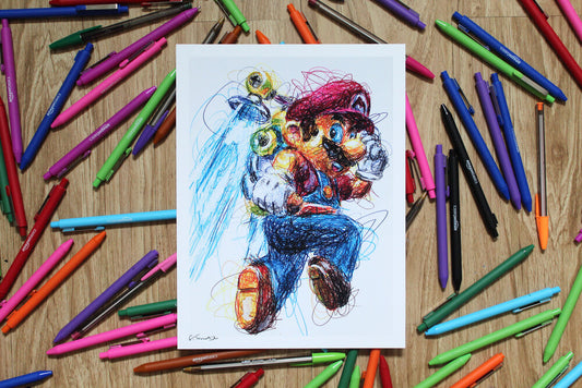 Super Mario Sunshine Ballpoint Pen Scribble Art Print-Cody James by Cody