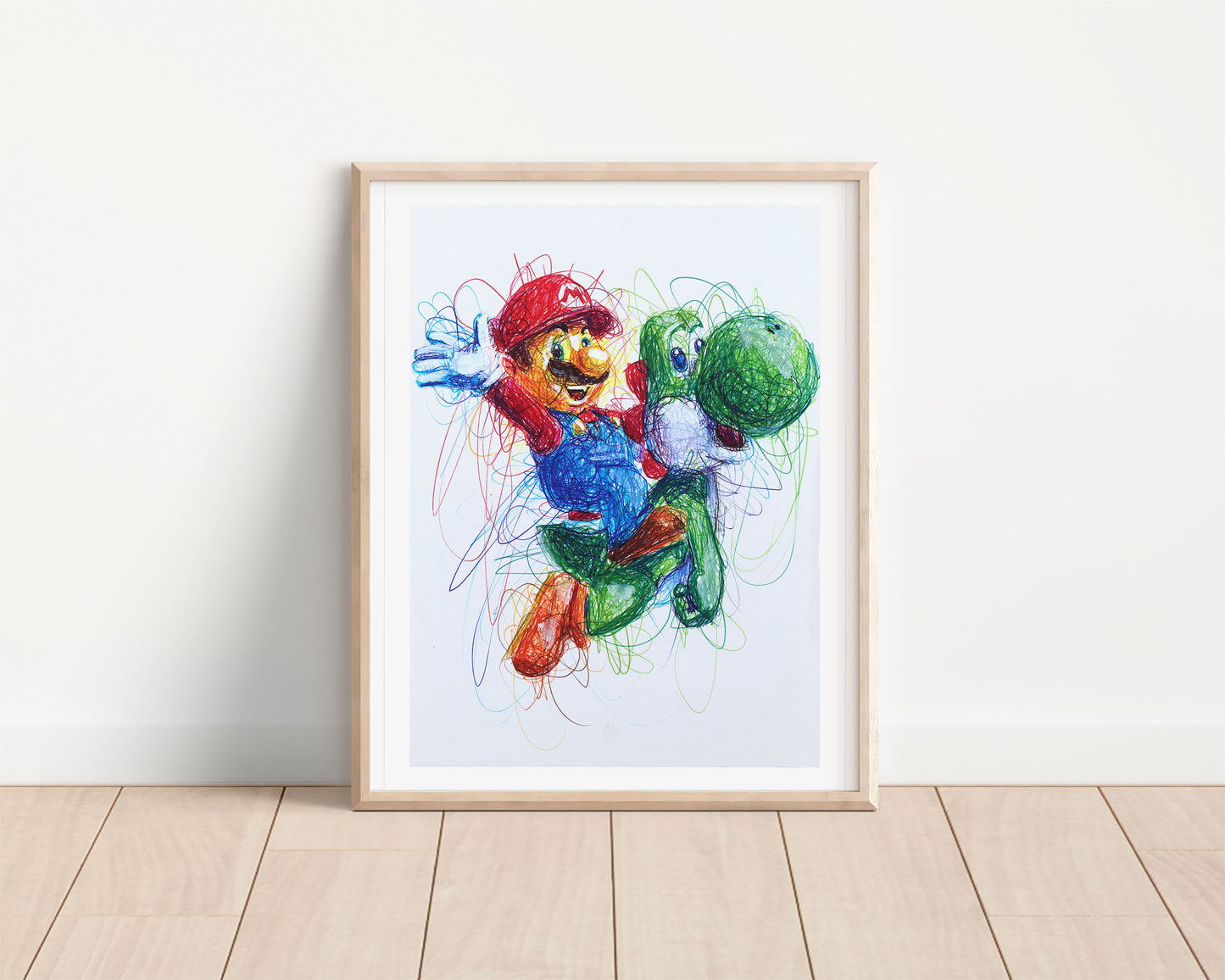Mario Riding Yoshi Ballpoint Pen Scribble Art Print