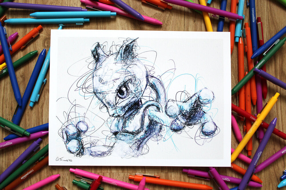 Mewtwo Ballpoint Pen Scribble Art Print-Cody James by Cody