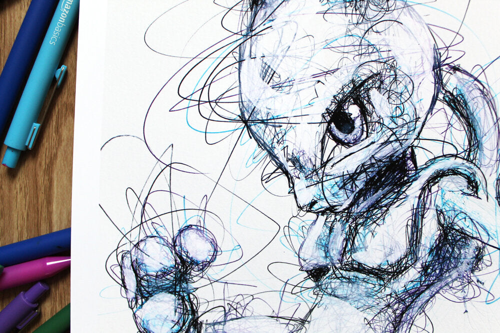 Mewtwo Ballpoint Pen Scribble Art Print-Cody James by Cody