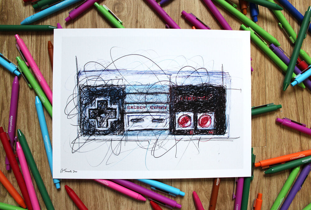 Nes Controller Ballpoint Pen Scribble Art Print-Cody James by Cody