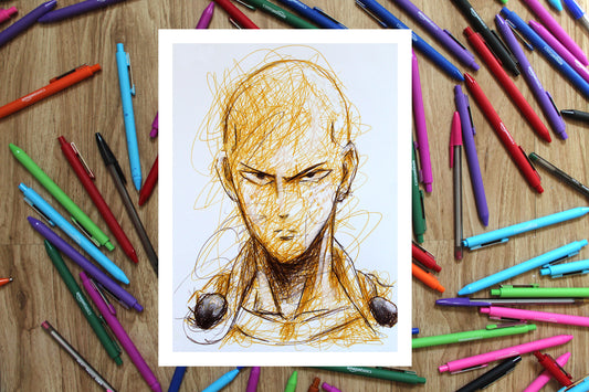 One Punch Man Ballpoint Pen Scribble Art Print