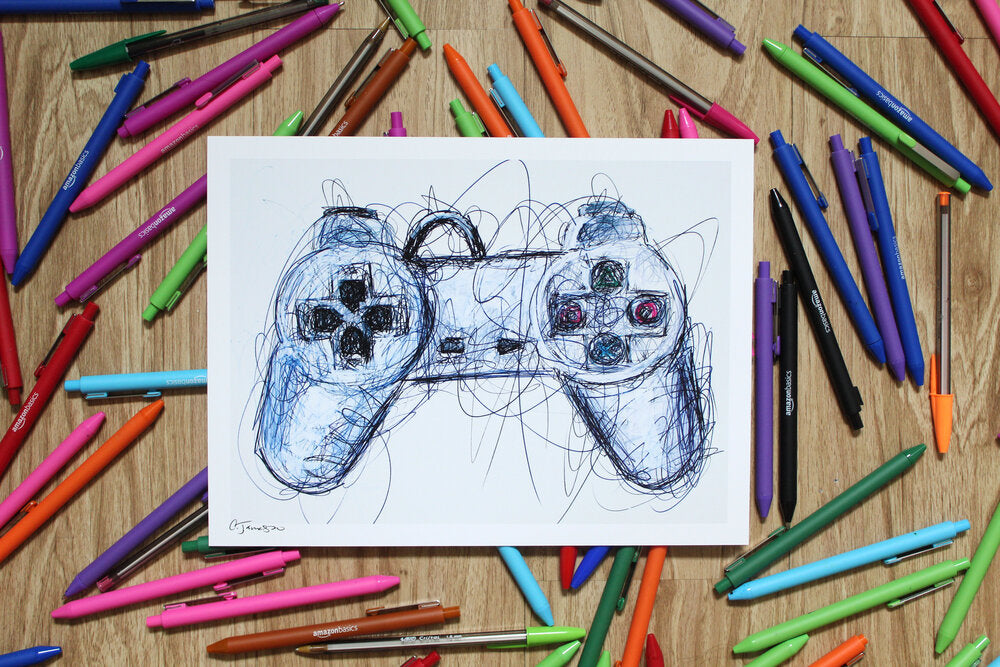 Play Station Controller Ballpoint Pen Scribble Art Print-Cody James by Cody