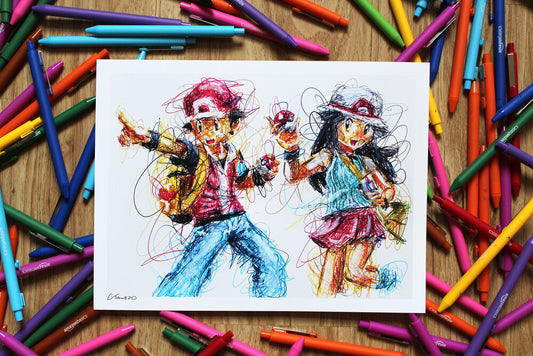 Pokemon Trainers Ballpoint Pen Scribble Art Print-Cody James by Cody