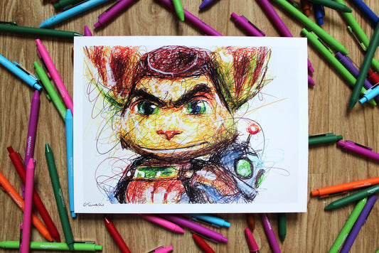 Ratchet and Clank Ballpoint Pen Scribble Art Print-Cody James by Cody