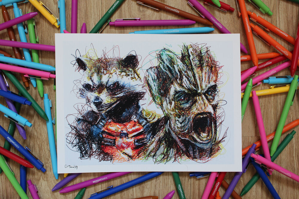 Rocket and Groot Ballpoint Pen Scribble Art Print-Cody James by Cody