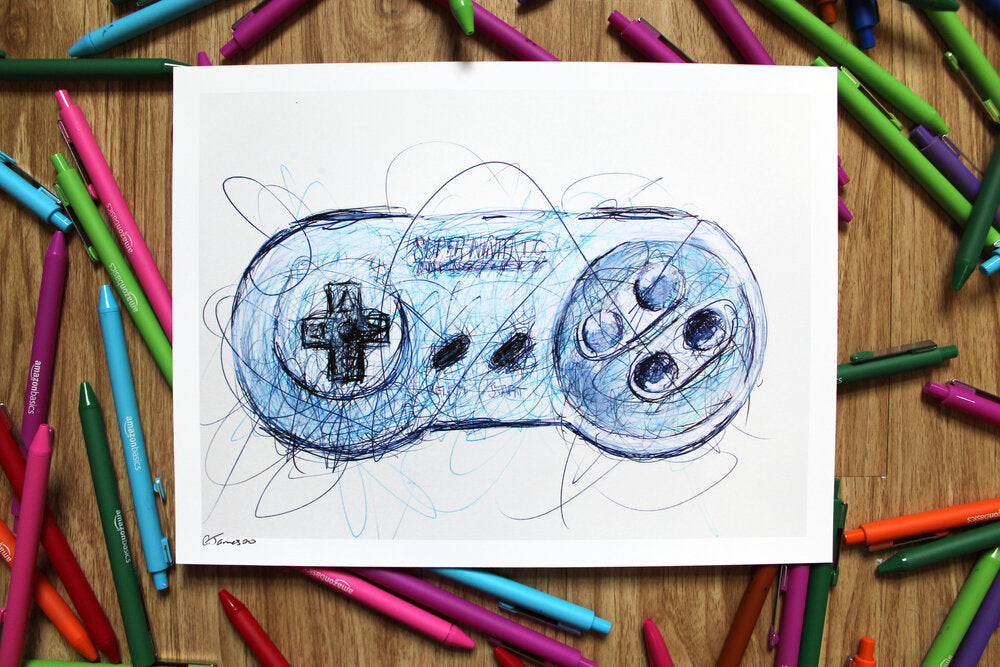 Snes Controller Ballpoint Pen Scribble Art Print-Cody James by Cody
