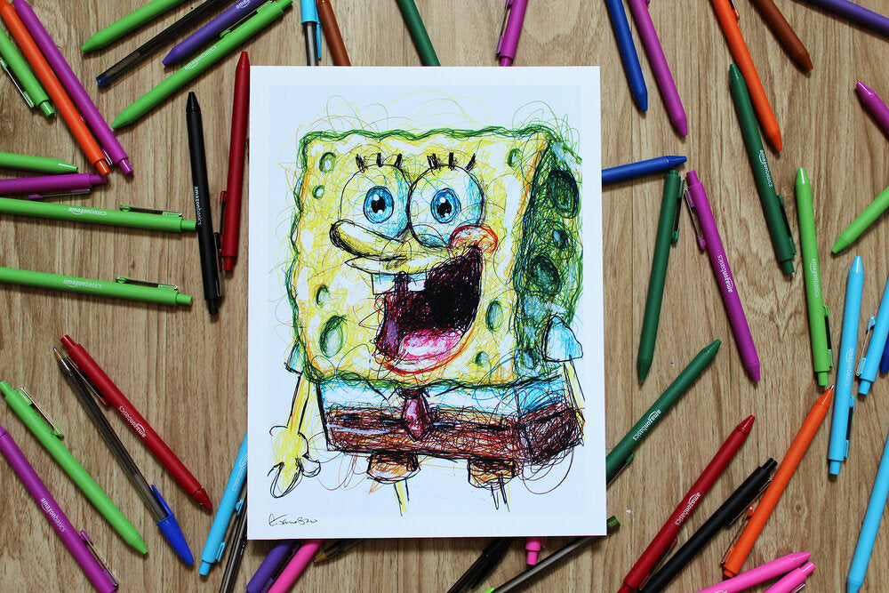 Spongebob Squarepants Ballpoint Pen Scribble Art Print-Cody James by Cody