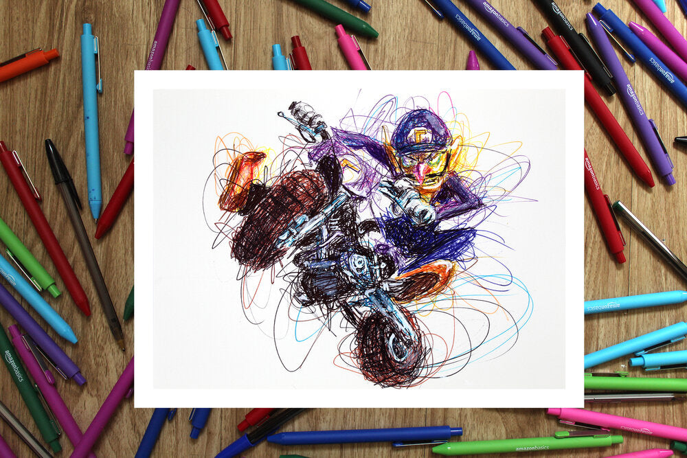 Waluigi Kart Ballpoint Pen Scribble Art Print-Cody James by Cody