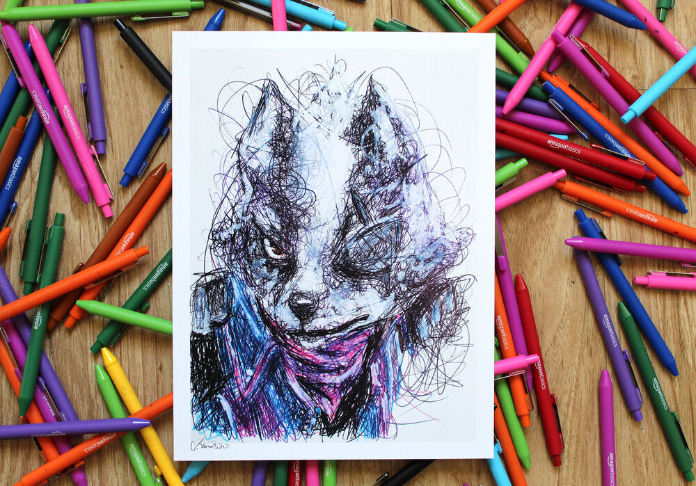 Wolf Ballpoint Pen Scribble Art Print-Cody James by Cody