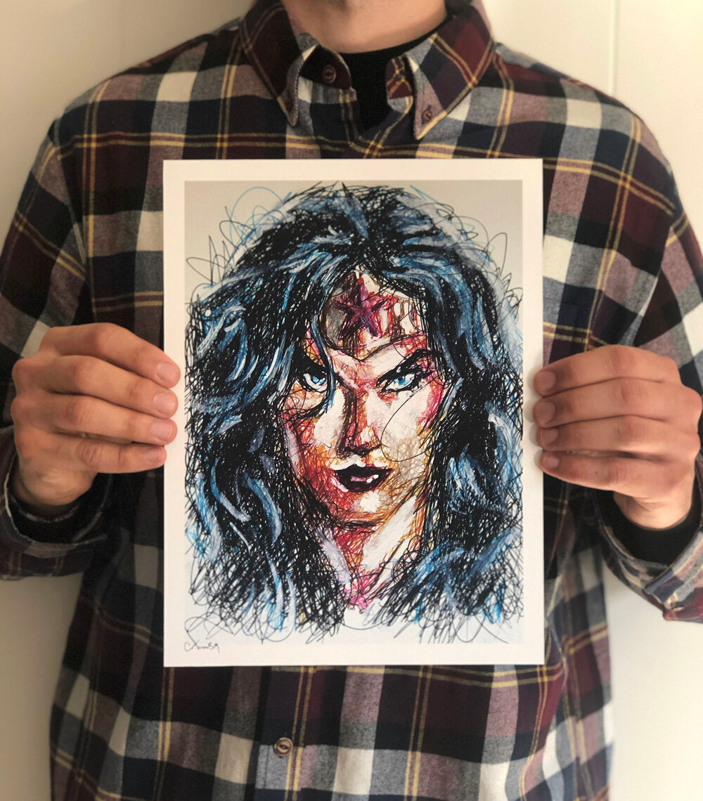 Wonder Woman Ballpoint Pen Scribble Art Print-Cody James by Cody