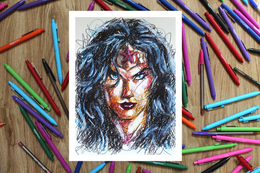 Wonder Woman Ballpoint Pen Scribble Art Print