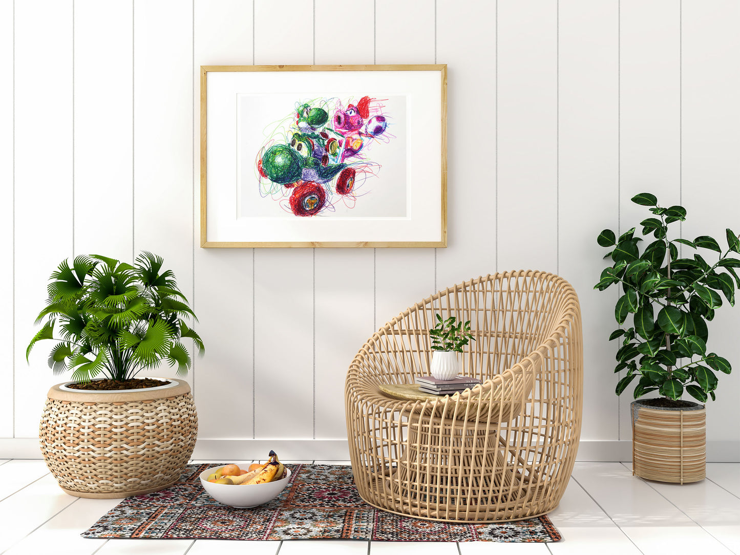 Yoshi and Birdo Kart Ballpoint Pen Scribble Art Print