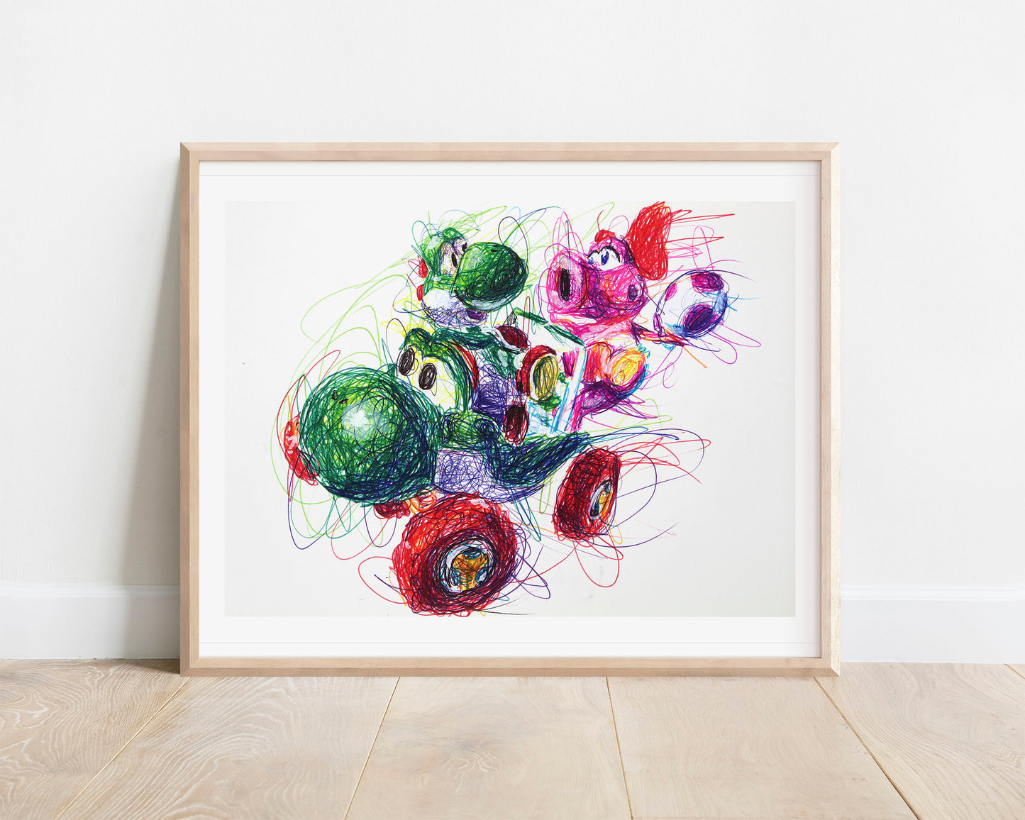 Yoshi and Birdo Kart Ballpoint Pen Scribble Art Print