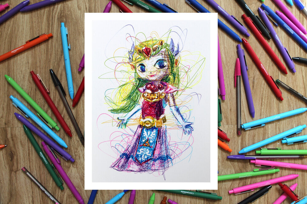 Cartoon Zelda Ballpoint Pen Scribble Art Print-Cody James by Cody